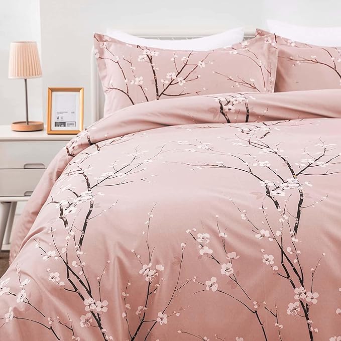 WONGS BEDDING Pink Floral Duvet Cover Set Twin,Reversible Flower Bedding Set with 1 Pillowcase, Pink Plum Flower Pattern Comforter Cover Set with Zipper Ties Soft Microfiber 68"x86"(Not Comforter)