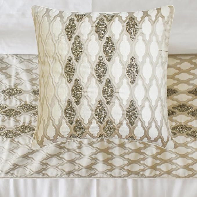 The HomeCentric King/Queen/Twin Ivory Luxury Twin 53"x18" Bed Runner with One Pillow Cover, Bead Hand Embroidery Bed Scarf on Jacquard Fabric - Priscilla Dazzle