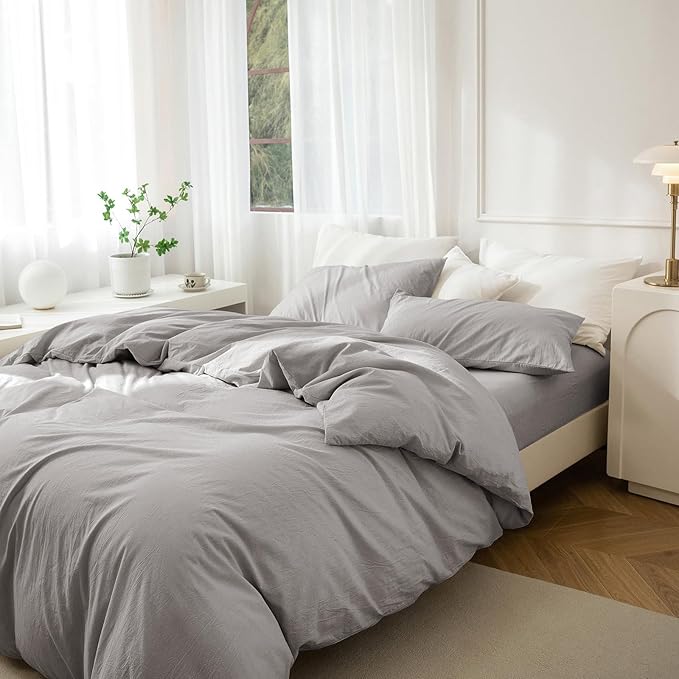 JIYUAN 100% Washed Cotton Duvet Cover Set 3 Pieces Queen, 1 Duvet Cover 90x90 Inches(Comforter Not Included) and 2 Pillowcases,Linen Feel Bedding Set Comfy and Breathable, Heathered Pastel Grey