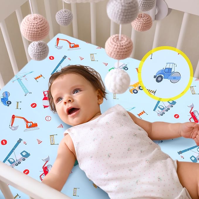 VitalCozy 4 Pcs Construction Truck Crib Sheet Set Baby Sheet Newborn Bedding Nursery Crib Sheets for Girl Boys Baby Gifts for Standard Crib and Toddler Mattresses, 52 x 28 x 8 Inches