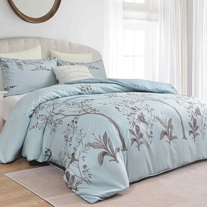 Nanko Floral Duvet Cover Set King Size, Teal Blue Brown Tan Leaf Print Pattern, Soft Microfiber Reversible Comforter Bedding Cover with Zip Ties - French Vintage Farmhouse for Women Men, 3Pcs 104x90