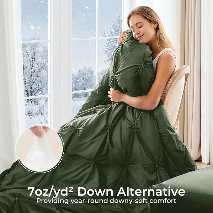 Sasttie Queen Comforter Set, 7-Piece Bed in a Bag, Pintuck Bedding Sets for All Season, Includes Comforter, Flat Sheet, Fitted Sheet, Pillowcases and Pillowshams, Dark Green