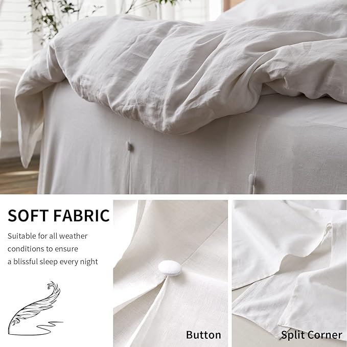 BISELINA French Linen Bed Skirt Split Corner with Button 18-Inch Tailored Drop Natural Flax Cotton Blend Basic Dust Ruffle Soft Cozy (18" Queen,Button White)