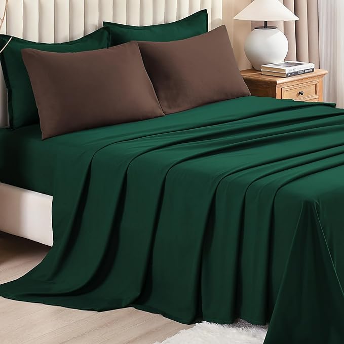 Litanika California King Comforter Sets Brown Emerald Green- 7 Pieces Bed in a Bag Beddding Sets, Solid Lightweight Bed Set with Comforter, Sheets, Pillowcases & Shams