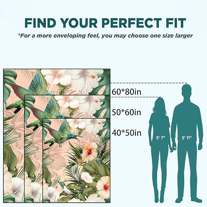 Colorful Hummingbird Blanket Lightweight Blankets Gifts for Adults Flannel Throw with Bird and Hibiscus Flower Printed for Sofa, Bed, Travel, Picnic, Office, Nature Decor Throws 50x40 Inch
