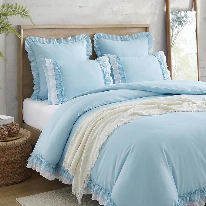 Bedrom Light Blue Duvet Cover King Ruffled Bedding Set Elegant Ruffle Lace Bedroom Decor Shabby Chic Farmhouse Style Blue Boho Duvet Cover Set