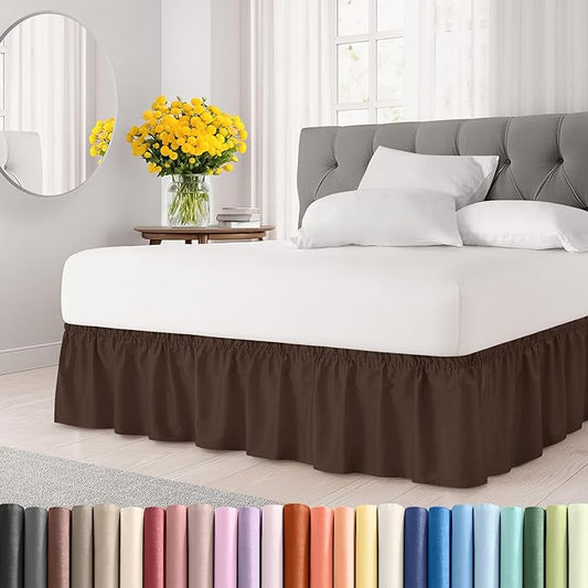 Wrap Around Dust Ruffle Bed Skirt - Brown - for King Size Beds with 18 Inch Drop - Easy Fit Elastic Strap - Adjustable Pleated Bedskirt w/Brushed Fabric - Wrinkle Free - for Women, Men, Kids & Teens