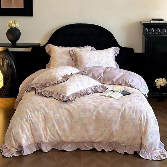 HighBuy Purple Floral Ruffle Duvet Cover Set King Brushed Cotton Durable with Ruffle Edge,Boho Chic Cottagecore Floral Bedding Comforter Cover Set - (1 Duvet Cover with 2 Pillow Shams)