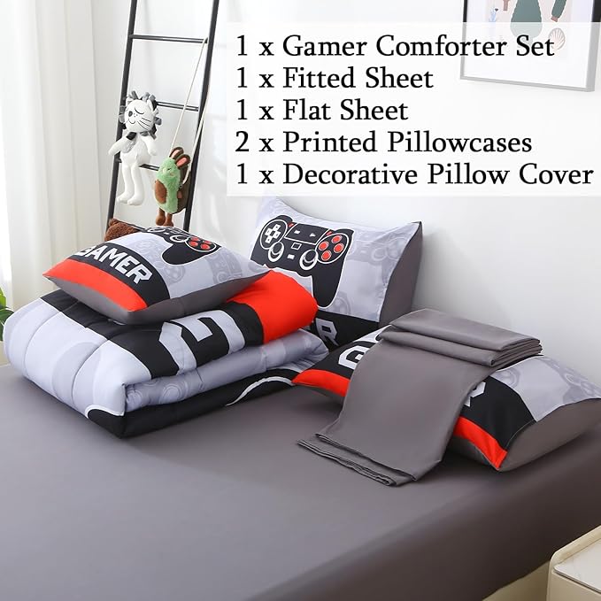 JQinHome Twin Gamer Comforter Sets for Boys,6 Piece Bed in A Bag 3D Video Gamer Bedding -All Season Microfiber Gaming Bedding Set for Kids, with Sheet Sets(Cyber Red)