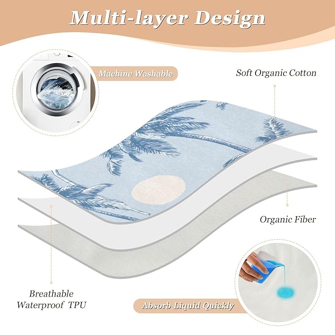 Waterproof Bed Pad Reusable Changing Pad Toddler Mattress Protector Large Pee Pad Baby Diaper Pad Soft Washable Liner Light Blue Palm Trees and Sun