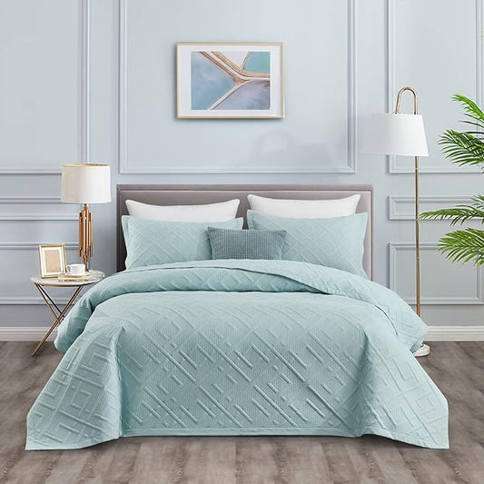 CHIXIN Quilt Queen Size - Geometric Pattern Bedspread Coverlet Set - Modern & Contemporary Style Bedding Cover, Ultrasonic Quilting, Reversible, Lightweight, 4 Piece, Seaglass