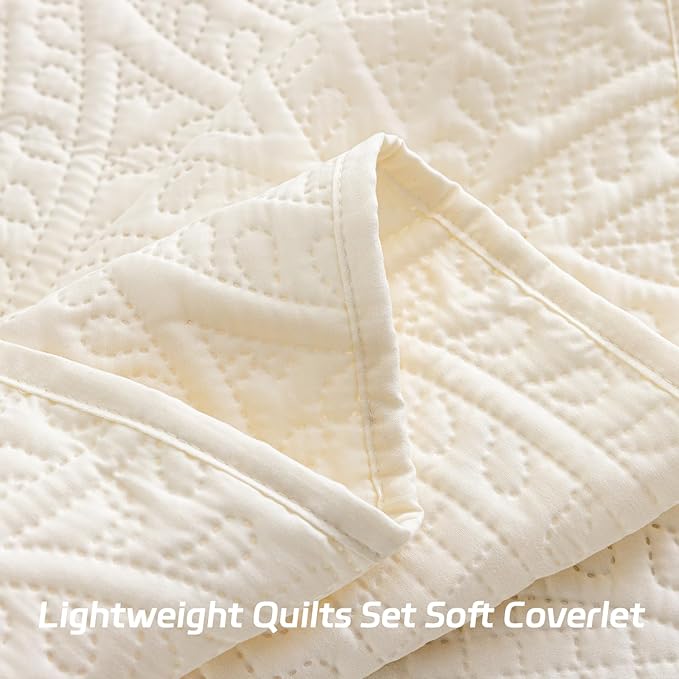 SheRest King Quilt Bedding Set - Soft Breathable Bed Quilt, Modern Style Embossed Bedspreads, Lightweight Microfiber Reversible Coverlet for All Seasons, Cream, 3 Pieces (1 Quilt,2 Pillow Shams)