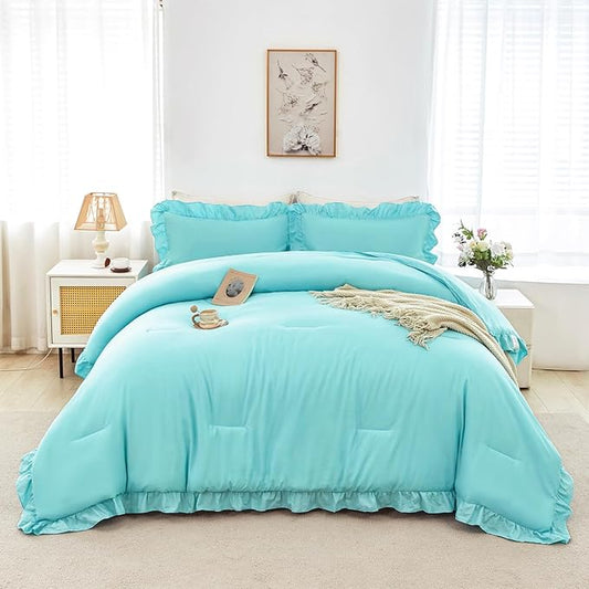 ANGIYUIN Aqua Blue Twin Size Comforter Sets for Teens Girls 5 Pieces Ruffle Bed in A Bag with Sheets Solid Elegance Bedding Comforter Sets for All Season(Aqua Blue Twin)