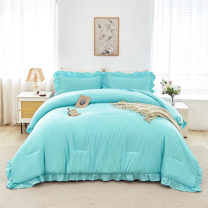 ANGIYUIN 5 Pieces Full Size Bed in A Bag Aqua Blue Ruffle Comforter Sets for Kids Teens Solid Elegance Bedding Sets Soft Lightweight Bedding Comforter Sets(Aqua Blue Full)
