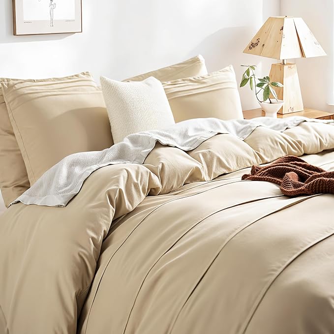 NEXHOME PRO 100% Organic Cotton Duvet Cover Queen,Linen Like Pleated Textured Yellow Tan Duvet Cover Set, 3pc Bedding Set with Zipper Closure, Soft, Lightweight and Breathable,90"x90", No Comforter