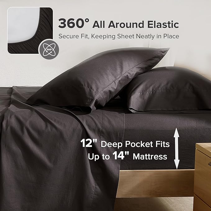 Comfort Spaces 100% Cotton Sheets Twin, Breathable & Ultra Soft Cotton Sheets, Naturally Cool Cotton Bed Sheets with 12" Elastic Pocket Fits up to 14" Mattress, All Season Sheet Set, Black, 3 Piece