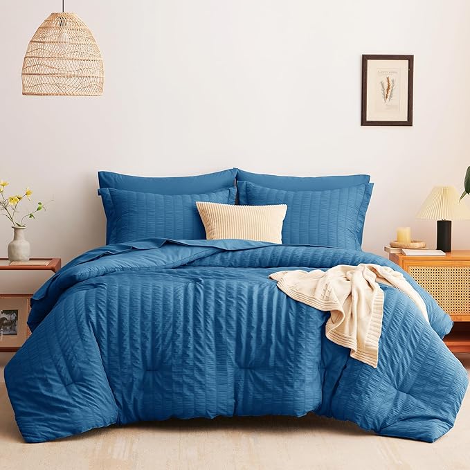 CozyLux King Seersucker Comforter Set with Teal Bed in a Bag 7-Piece All Season Bedding Set with Comforter, Pillow Sham, Flat Sheet, Fitted Sheet, Pillowcase