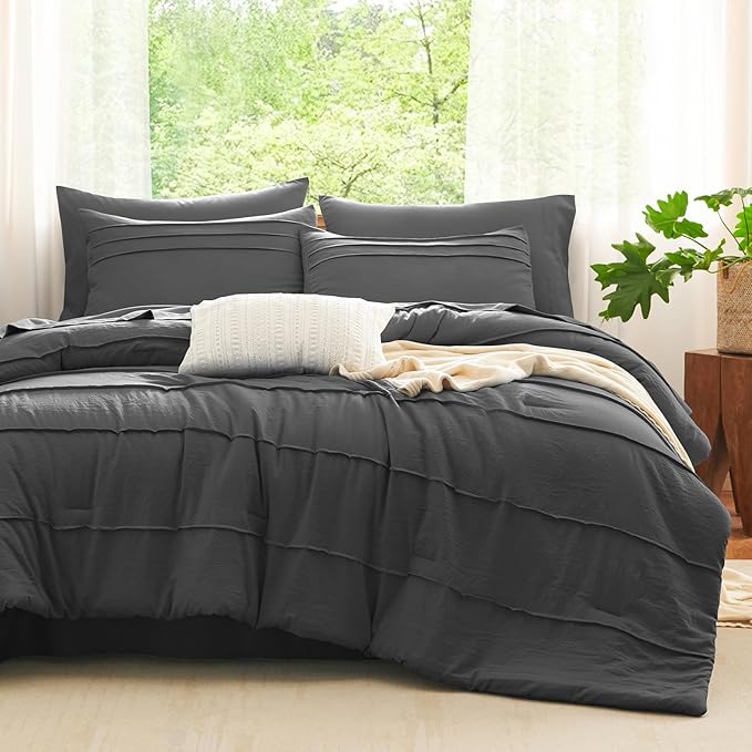 CozyLux Full Size Comforter Sets Dark Grey, 7 Pieces Soft Pinch Pleat Bed in a Bag Full Comforter Set with Sheets, Boho Bed Set with Down Alternative Comforter, Sheets, Pillowcases & Shams