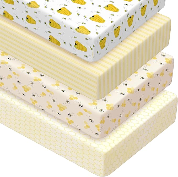Peryiter 4 Pack Crib Sheets Girl Soft Baby Bed Sheet Set 52'' x 28" Nursery Crib Sheets for Standard Bed for Nursery Decor Baby Boys or Girls(Yellow,Bee)