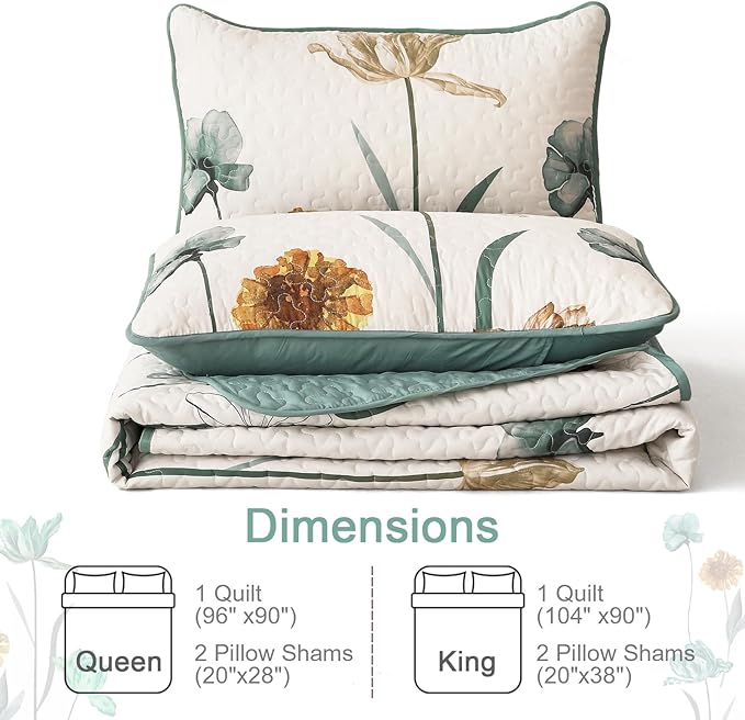 WONGS BEDDING Floral Quilt Set Queen,Green Yellow Floral Botanical Bedspread Bedding Set with 2 Pillowcase,Lightweight Spring Farmhouse Coverlet Set for All Season (96"x90")