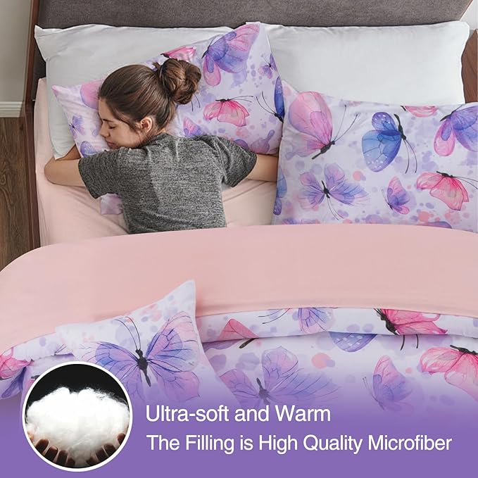 A Nice Night 6pcs Bed in A Bag Watercolor Ink Wash Tie-Dye Butterfly Printed, Butterflies Flying Bedding Comforter Set, Twin，Purple