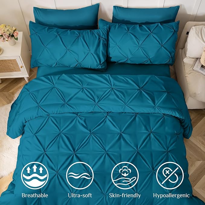 JOLLYVOGUE Full Size Comforter Sets 7 Pieces - Bed in a Bag Full for All Season, Pintuck Bedding Comforter Sets with Comforter, Flat Sheet, Fitted Sheet and Pillowcases & Shams, Teal