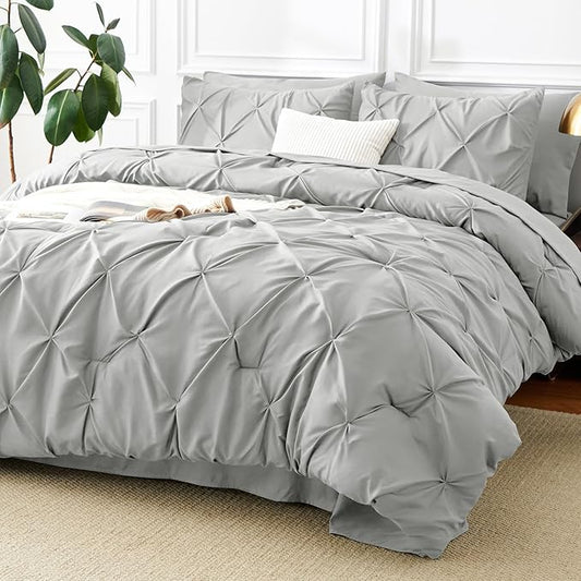 CozyLux Full Size Comforter Sets Light Grey, 7 Pieces Pintuck Bed in A Bag Gray Comforter Full Size, Pinch Pleat Bedding Sets with All Season Comforter, Sheets, Pillowcases & Shams