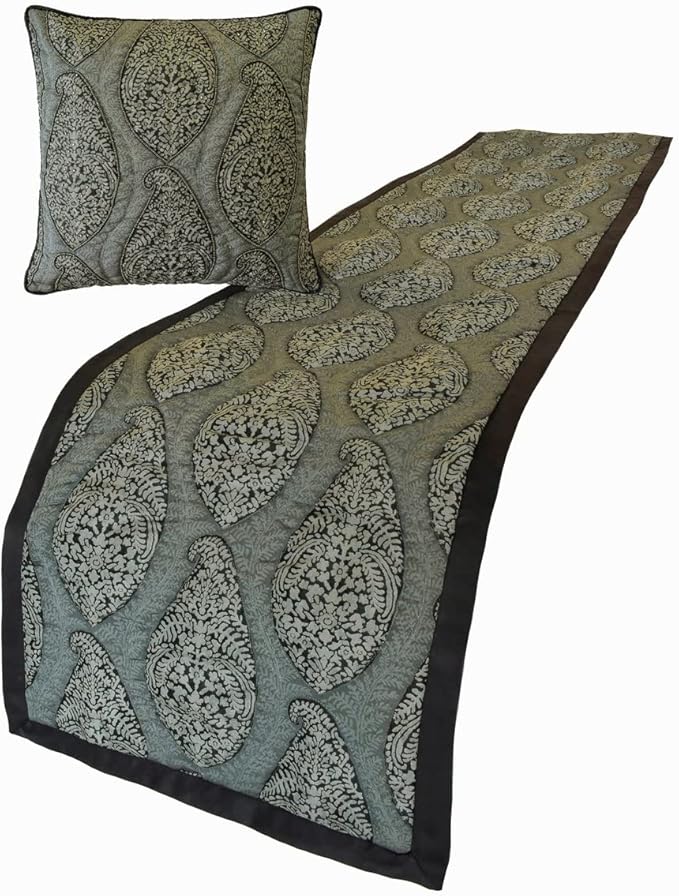 The HomeCentric King/Queen/Twin Grey Decorative CA King 86"x18" Bed Runner with 2 Pillow Cover, Paisley & Beaded Bed Scarf on Jacquard Fabric - Paisley History