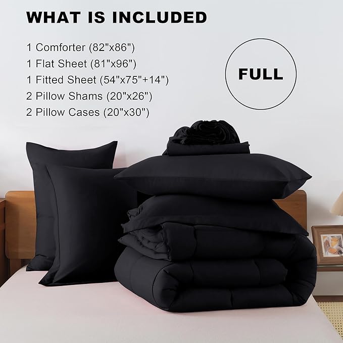 ELNIDO QUEEN® Full Comforter Set Black - 7 Pieces Bed in a Bag Full Size, Bed Set for All Seasons, Ultra Soft Bedding Sets with Comforter, Flat Sheet, Fitted Sheet, Pillowcases and Pillow Shams