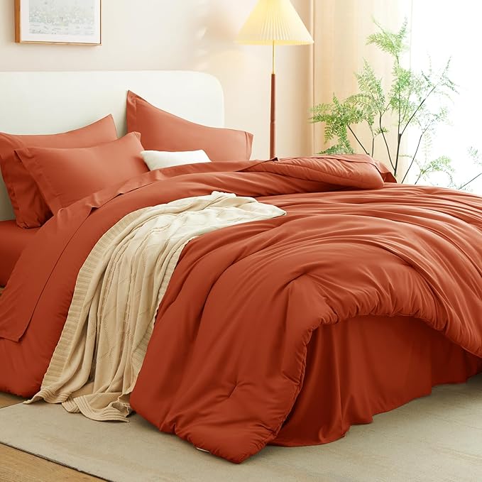 CozyLux King Comforter Set Burnt Orange, 7 Pieces Bed in a Bag Terracotta Comforter Set with Sheets, All Season Boho 7PC Bed Sets with Comforter, Fitted Sheet, Flat Sheet, Pillow Shams and Pillowcases