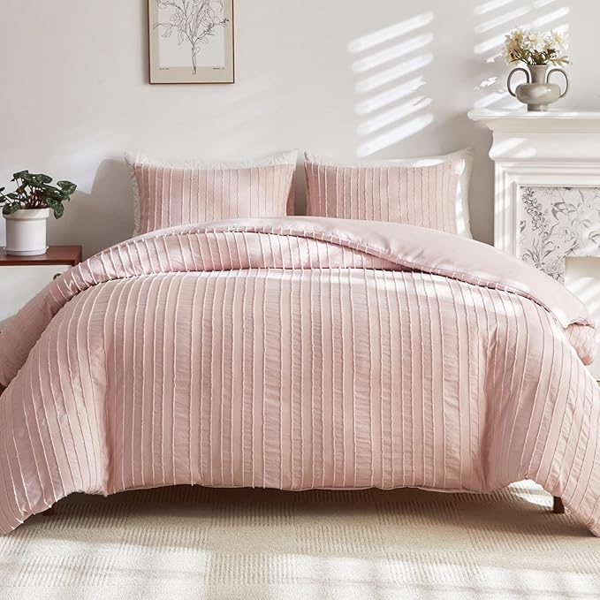 WARMDERN Pink Boho Duvet Cover King Size, Striped Textured Duvet Cover Set Tufted Bedding Set, 3 Pcs Ultra Soft Washed Microfiber Duvet Cover with Zipper Closure (King, Pink)
