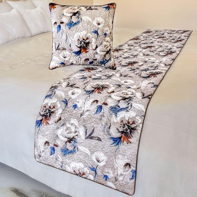 The HomeCentric King/Queen/Twin Ivory Decorative CA King 86"x18" Bed Runner Without Pillow Cover, Floral, Quilted Bed Scarf on Satin Fabric - Floral Harmony