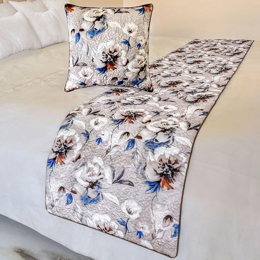 The HomeCentric King/Queen/Twin Ivory Decorative CA King 86"x18" Bed Runner Without Pillow Cover, Floral, Quilted Bed Scarf on Satin Fabric - Floral Harmony