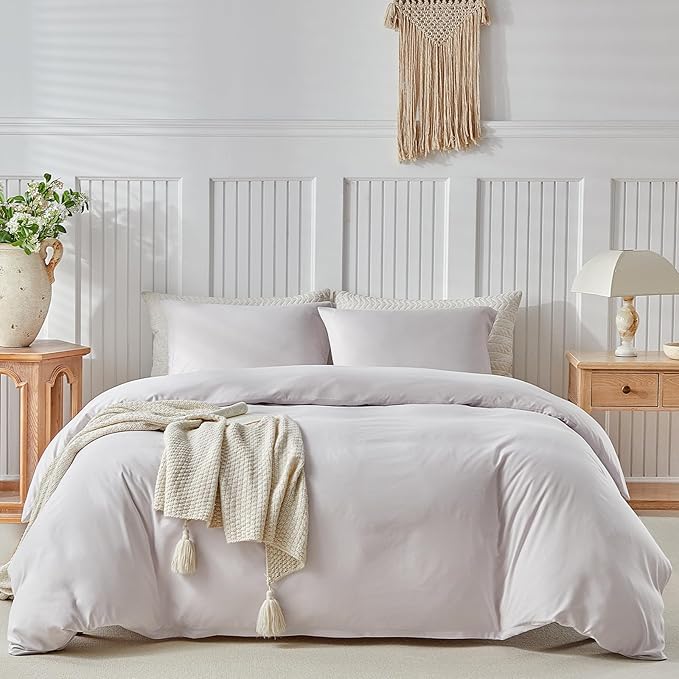 Lekesky Queen Size Duvet Cover Set, Light Linen Duvet Cover, Ultra-Soft Microfiber 3 Pieces Comforter Cover with Zipper and Corner Ties, Includes 2 Pillowcases 20"x26"