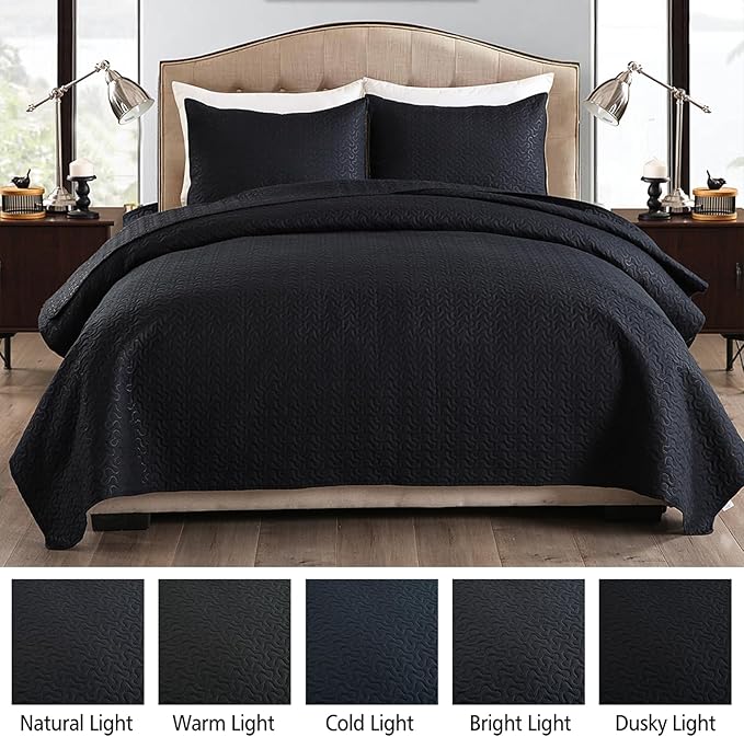 JML Quilts Set, Bedspread Coverlet Set with Pillowcases - 3 Piece Soft and Lightweight Bed Quilt for Spring, Autumn and Summer (Embossed Stripe - Black, Full/Queen(88"x92"))