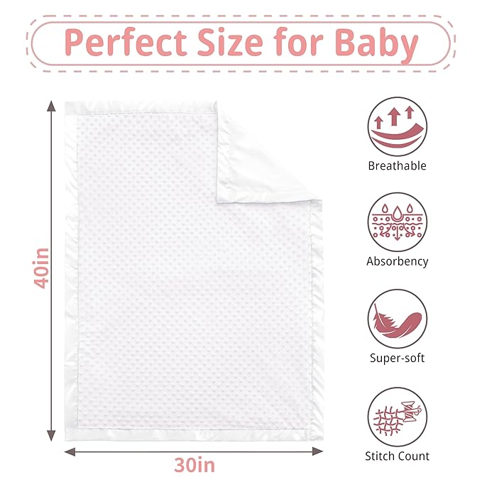 Pro Goleem Baby Soft Minky Dot Blanket with Silky Satin Backing Baby Gifts for Boys and Girls (White, 30’’ x 40’’)