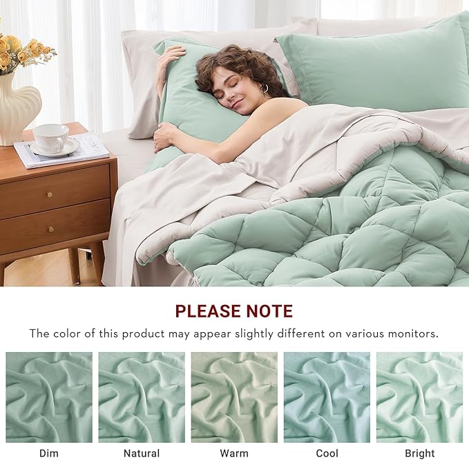 MUXHOMO 7 Pieces Full Comforter Set, Reversible Bed in a Bag Full Size, All Season Bedding Set with Comforter, Flat Sheet, Fitted Sheet, Pillowcases & Shams, Sage Green & Beige