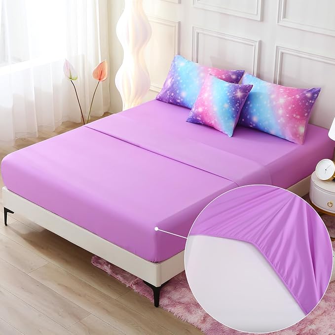 JQinHome Glitter Bedding Set Queen Size,6 Piece Bed in A Bag 3D Colorful Rainbow Galaxy Comforter Set for Girls Kids-All Season Microfiber Tie-Dye Bedding Sets (Blue Purple)