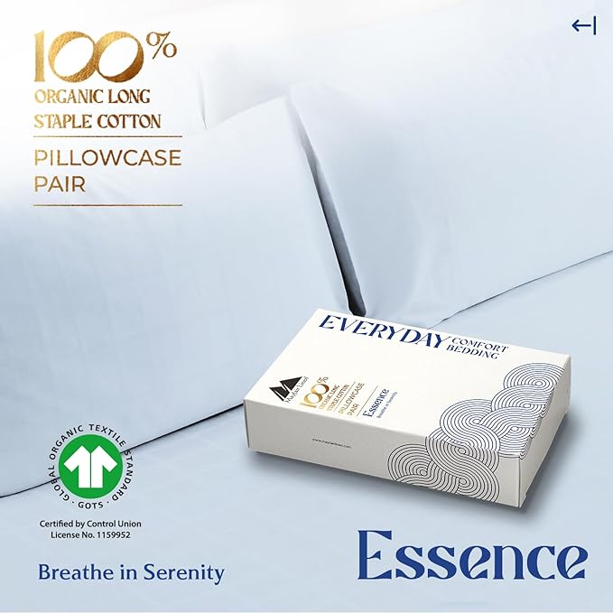 Mayfair Linen 100% Organic Cotton Percale Pillow Cases Standard/Queen Size Set of 2 - Percale Pillowcases Standard/Queen, Soft Cooling Pillow Cases for Sleeping, Cotton Pillowcovers - Light Blue