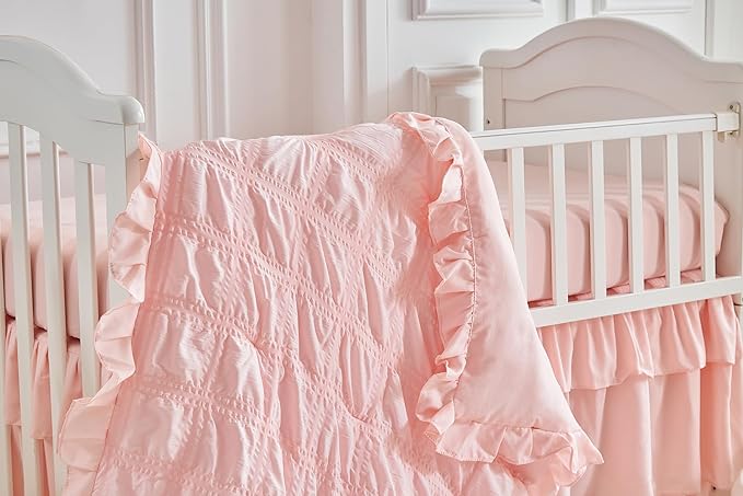 Ruffled Crib Bedding Set Baby Boho Quilted Comforter with Fitted Sheet and Bed Skirt - Cute Soft Breathable Seersucker Ruffled Shabby Chic Bedding Soft Blanket Design - Pink