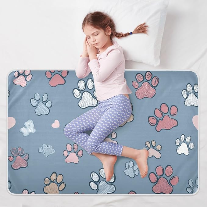 Waterproof Bed Pad Reusable Changing Pad Toddler Mattress Protector Large Pee Pad Baby Diaper Pad Soft Washable Liner Blue Footprints