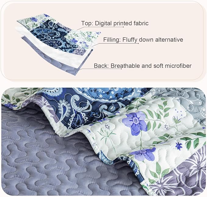 Whale Flotilla Patchwork Quilts Queen Size, Soft Boho Floral Bedspreads for Bed Reversible Lightweight Full Queen Quilt Bedding Set Coverlets with 2 Pillow Shams for All Seasons, Paisley Flowers