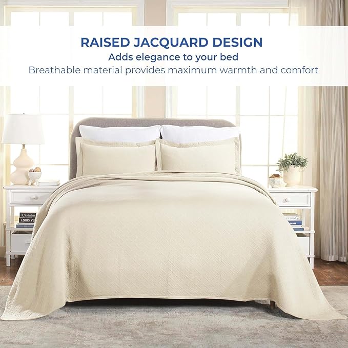 Superior 3 Piece Basketweave Cotton Bedspread Set, Home Bed Decor, Decorative Bed Spread, 2 Pillow Shams, Medium Weight Blanket, Matelasse Coverlet Bedding, Geometric Lattice Pattern, Queen, Ivory