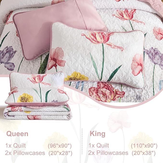 WONGS BEDDING Pink Quilt Set Queen,3 Pieces Colorful Delicate Floral Bedspread Set, Soft Lightweight Reversible Bedding Coverlet with 2 Pillowcases(96"x90")