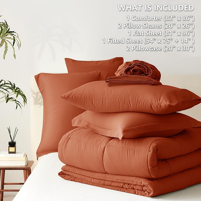CozyLux Full Size Comforter Sets Terracotta - 7 Pieces Bed in a Bag Full, Oeko-Tex Certified Bed Set, All Season Soft Bedding Set with Down Alternative Comforter, Sheets, Pillowcases & Pillow Shams