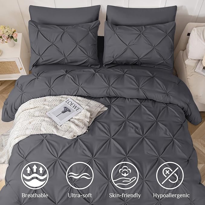 JOLLYVOGUE King Size Comforter Set 7 Pieces - Bed in a Bag King for All Season, Pintuck Bedding Comforter Sets with Comforter, Flat Sheet, Fitted Sheet and Pillowcases & Shams, Grey