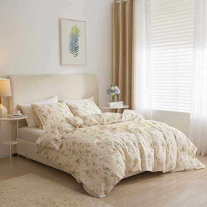 HighBuy 3 Pieces Duvet Cover Twin XL Beige Duvet Cover with Yellow Floral Print,Soft Cotton Comforter Cover Boho Style,Aesthetic Twin XL Bedding Set with Zipper Closure 4 Ties,All Season