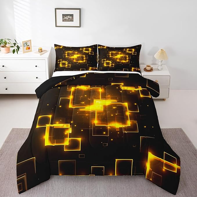 Feelyou Kids Golden Black Geometrics Bedding Set Twin Size, Light Honeycomb Comforter Set Geometrics Comforter for Boys Girls Abstract Duvet Insert Microfiber Bed Set