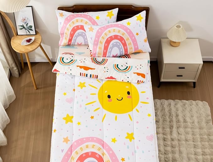 Meeting Story 3pcs Kids Comforter Set Zipper Bedding Set for Girls,Twin Kid Bedding Set Rainbow Comforter Set for Kid,All in one Zipper Bedding（White,Twin）