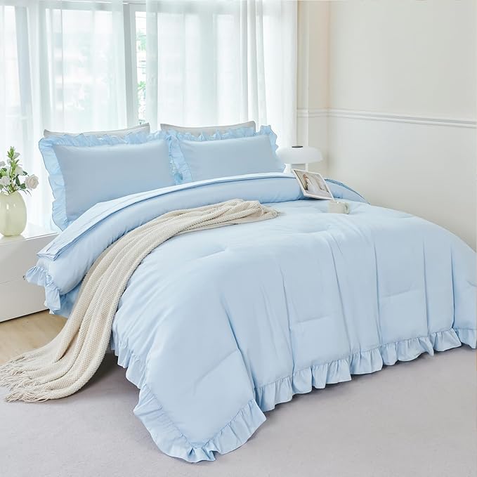 ANGIYUIN 5 Pieces Light Blue Full Bed in A Bag for Kids Girls Ruffle Bedding Sets Boho Comforter Set Vintage Farmhouse Bedding Comforter Sets with Sheets(Light Blue Full)